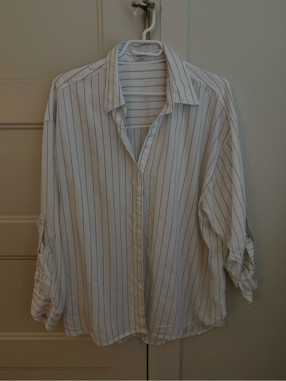 Babaton White Button-Up Shirt with Thin Navy Stripes